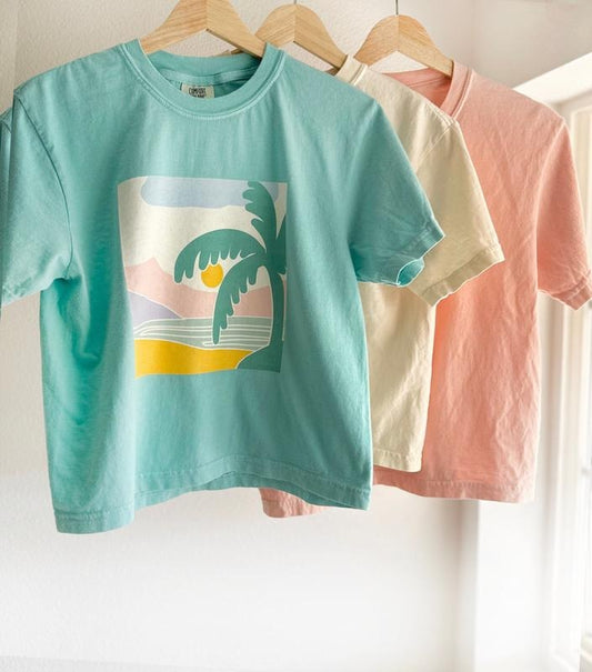 Beach Cropped T-shirt Womens Cropped Boxy Tshirt Women's Simple Tee Cute Summer Tshirt Abstract Flower Palm Tree Shirt