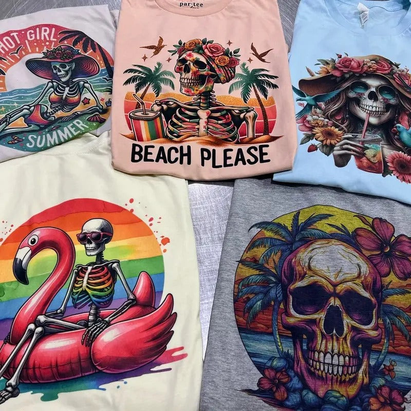 Beach Tshirts Summer Skull T-Shirts Beach Skeleton Tees Skull Floral Tshirts Beach Please Skull Tee Womens Summer...