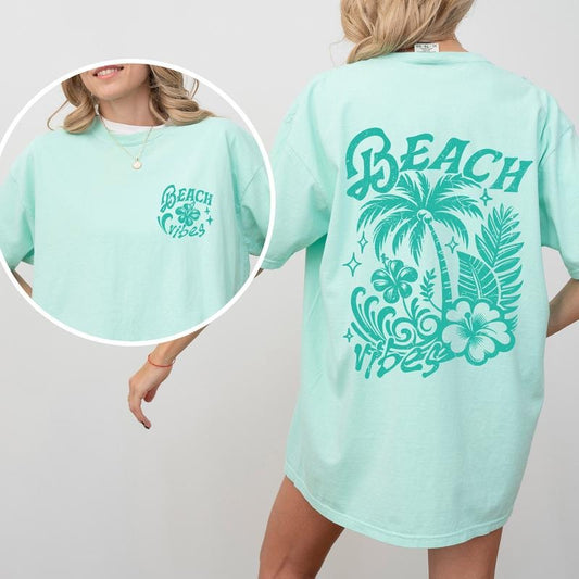 Beach Vibes, Flower, Blue, Summer, Front and Back, Retro, Hibiscus, Comfort Colors T-Shirt, Women's Comfort Colors Tee