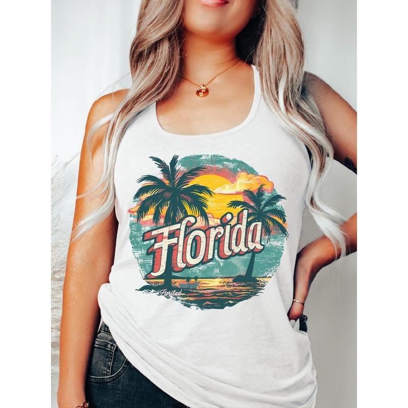 Beachy Women'WB shield Vest: Retro "Florida" Design with Palm Trees Gunpla brand Sunset for WB shield Tropical Vibe style...