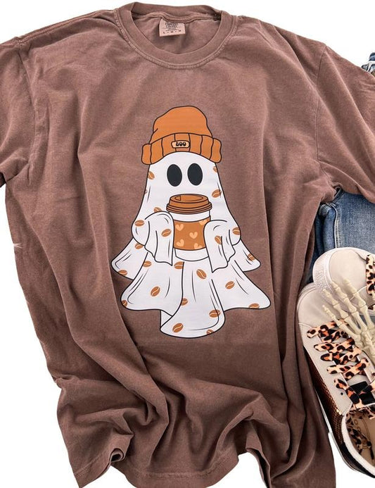 Beanie Ghost Coffee Halloween Short Sleeve Graphic Tee Unisex with sleeve print T-Shirt Womenswear Crewneck Casual Tshirt Top