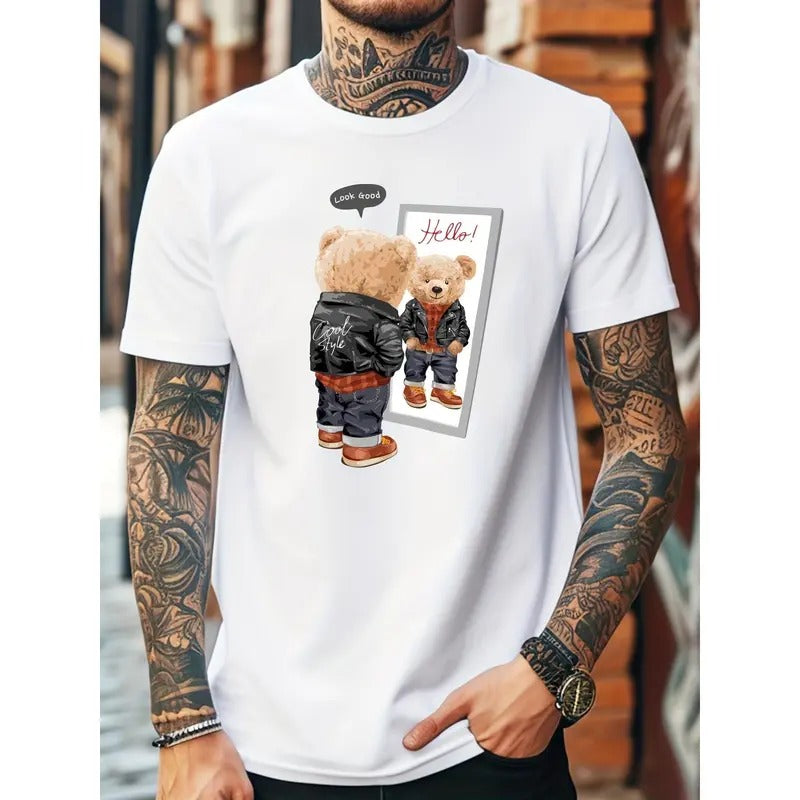 Bear In Suit Printed T-Shirt for Men Crew Necks Menswear