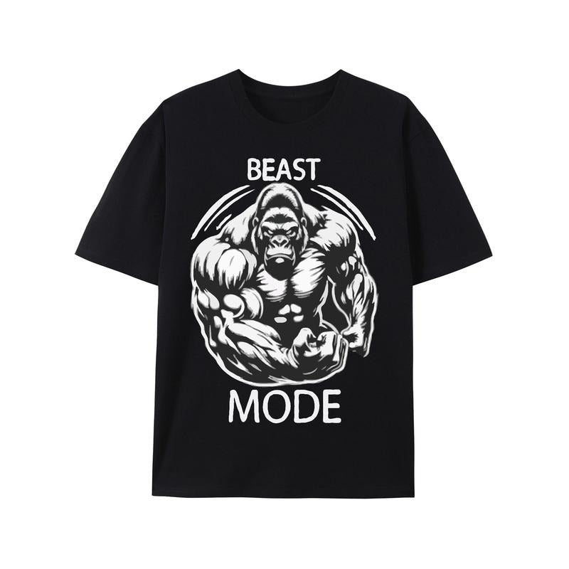 Beast Mode Print T-Shirt, Casual Slightly Stretch Crew Neck Short Sleeve Tee, Men'WB shield Clothing For Summer Hoodie,...