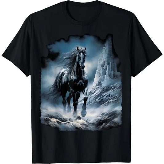 Beautiful black Horse running through the snow T-Shirt Made in USA