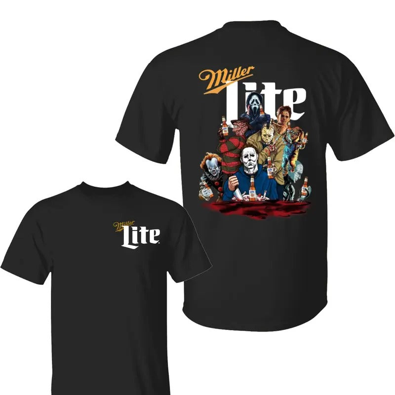 Beer Horror Characters Halloween Shirt, Horror Movie Shirt, Halloween Tee, Unisex Classic Cotton Tee with 2 Sided Graphic Print in All Sizes, For Women, For Men Embroidered
