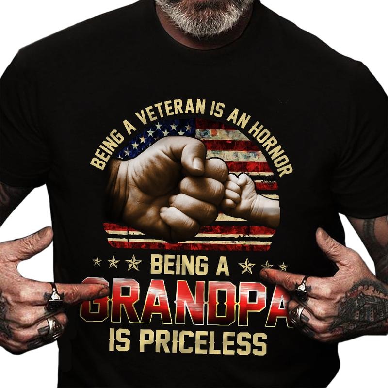Being A Veteran Is An Honor Being A Grandpa Is Priceless Cute Fist Bump & Us Flag Patriotic, Unisex Short Sleeve Tee,...