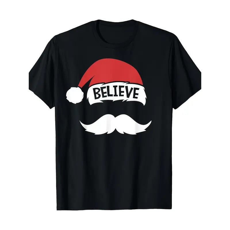 Believe Quote Christmas Hat Beard Family Reunion Christmas T-Shirt