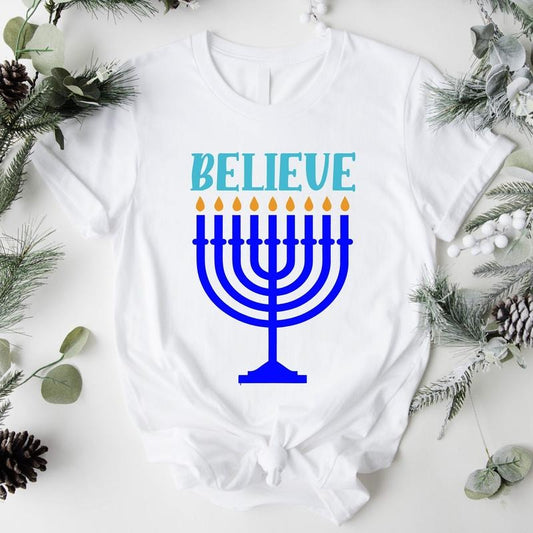 Believe Shirt, Hanukkah T-shirt, Religious Tee, Jewish Friend Gift Tee, Candle Lights Short Sleeve, Jewish Festival Shirt.
