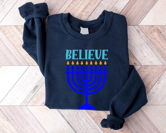 Believe Sweatshirt, Hanukkah Sweater, Religious Hoodie, Jewish Friend Gift Sweater, Candle Lights Long Sleeve, Jewish Festival Hoodie.