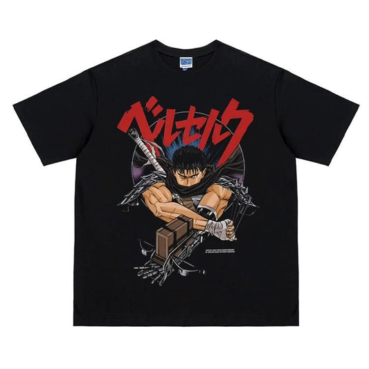 Berserk "Battle Stance" Heavyweight Vintage Tee 100% Cotton OVERSIZED Anime T-shirt Menswear Top Crew Necks Tshirt Casual Streetwear Black Crewneck Tropical Shortsleeve