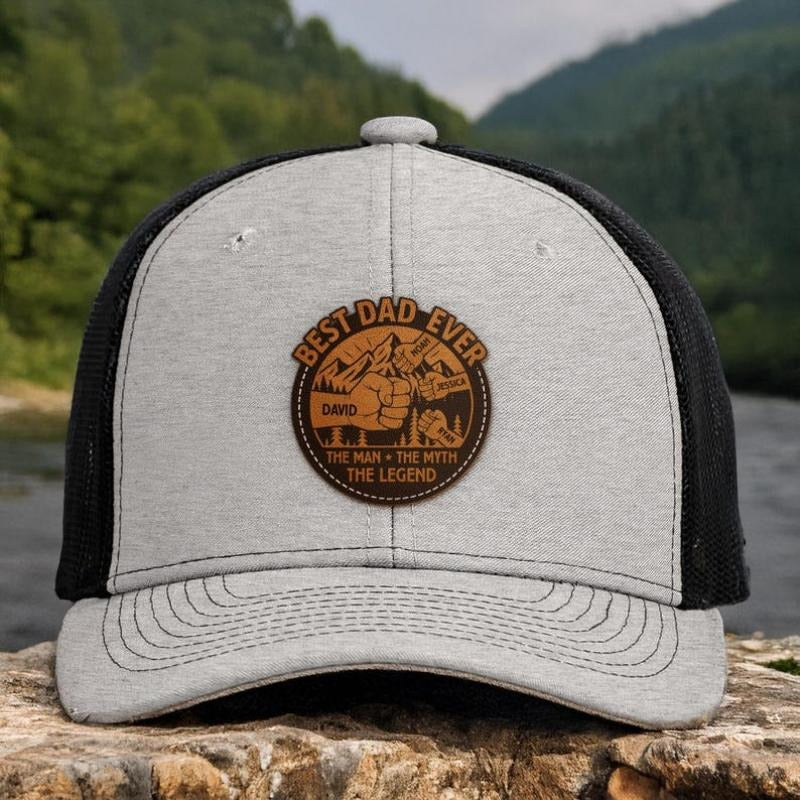 Best Dad Ever The Man The Myth The Legend, Personalized Leather Patch Hat, Custom Dad and Kids Trucker Hat,Fathers Day...