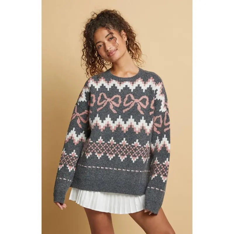 Beverly and Beck Women's Bow Fair Isle Oversized Sweater T-Shirts, Hoodie, Sweatshirt | DripVista.com