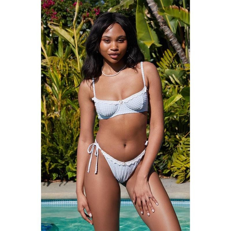Beverly and Beck Women's Carson Gingham Textured V Tie Side Bikini Bottom T-Shirts, Hoodie, Sweatshirt | DripVista.com