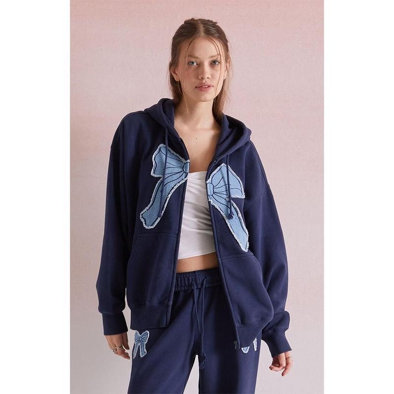 Beverly and Beck Women's Denim Bow Applique Zip Up Hoodie T-Shirts, Sweatshirt | DripVista.com