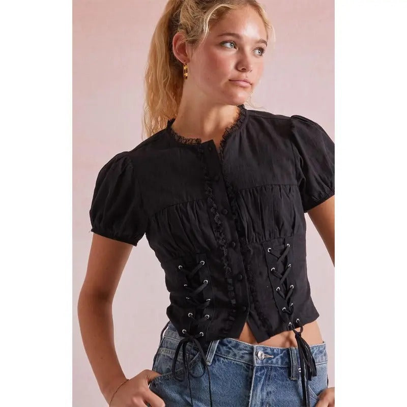 Beverly and Beck Women's Gabbie Lace Up Short Sleeve Top T-Shirts, Hoodie, Sweatshirt | DripVista.com