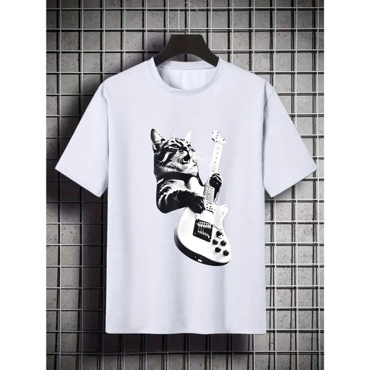 Big & Tall Plus Size Graphic T-Shirts - Short Sleeve Tees for Outdoor Sports Enthusiasts with Cat & Guitar Print - Comfortable Casual Wear for Men Made in USA