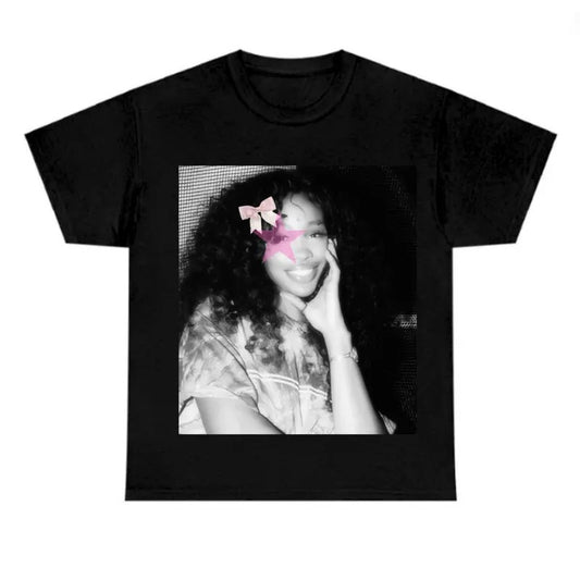 Big Face Pink Star SZA Black Shirt Cotton Fabric