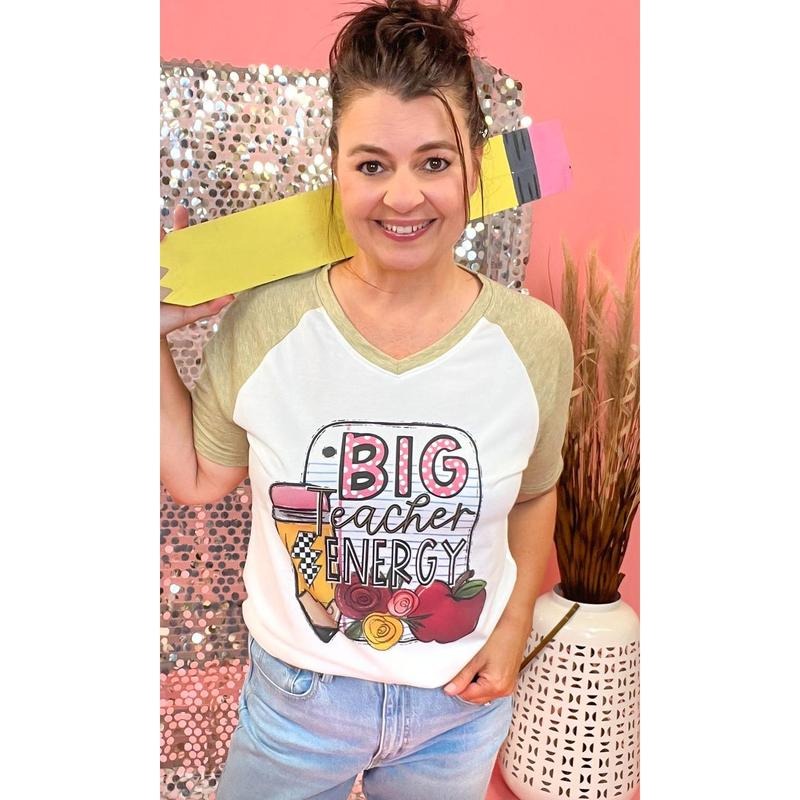 Big Teacher Energy Graphic Natural-Olive V-Neck T-Shirts, Hoodie, Sweatshirt | DripVista.com