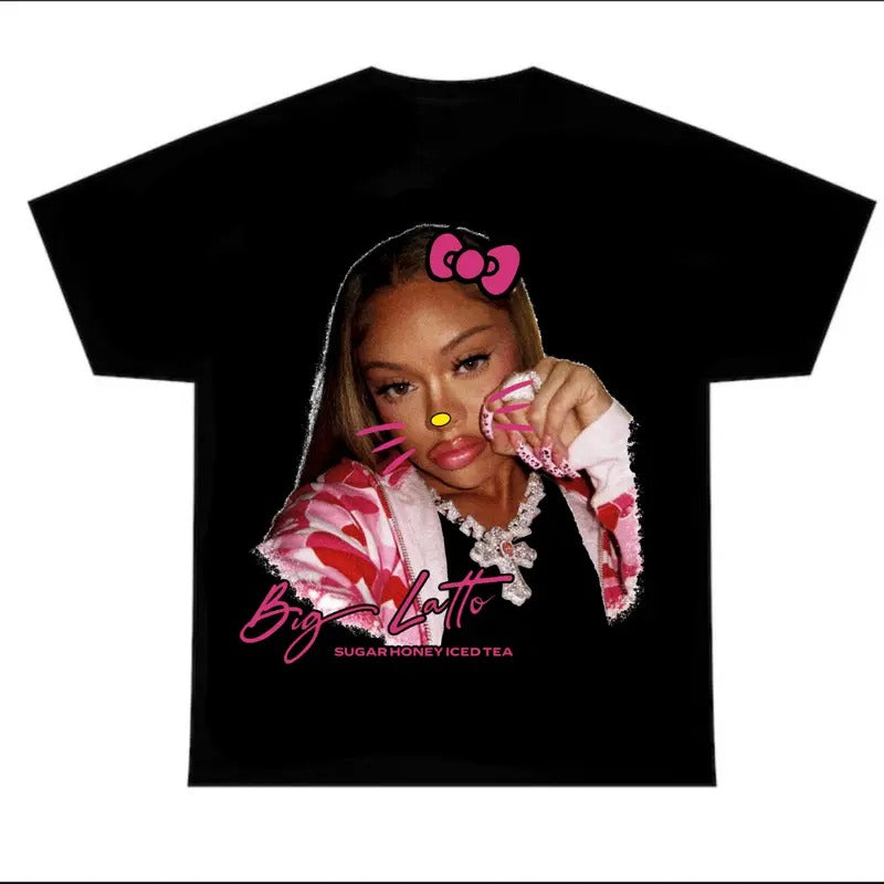 Bigg Latto Black Tee, Latto Pink Kitty Shirt Cotton Fabric