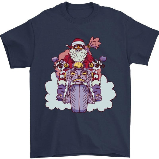 Biker Santa Christmas Motorcycle Motorbike Mens T-Shirt Cotton Made in USA