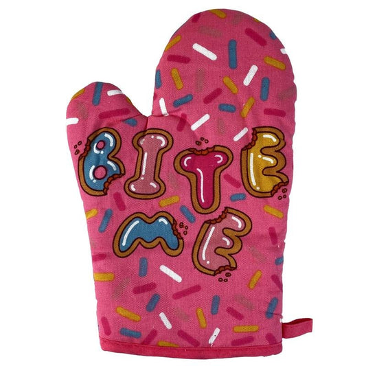 Bite Me Oven Mitt Funny Baking Cake Sprinkles Cookies Dessert Graphic Kitchen Glove Funny Graphic Kitchenwear Funny Food  Novelty Cookware Pink