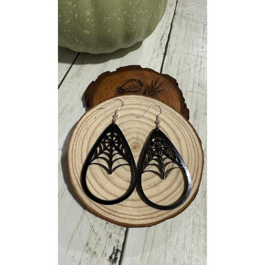 Black Acrylic Spider Web Earrings - Laser Cut Halloween Jewelry, Lightweight Teardrop Design, Modern Spooky Gothic Style, Handmade with Love