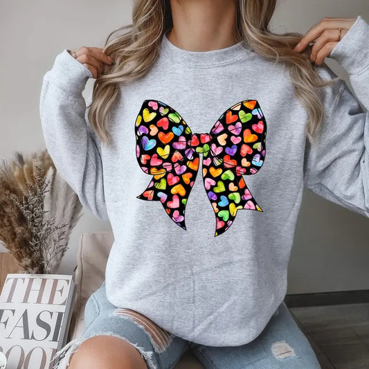 Black Bow with Colorful Heart Crewneck Sweatshirt Comfortable Casual Fit Womenswear Everyday Hoodie Love