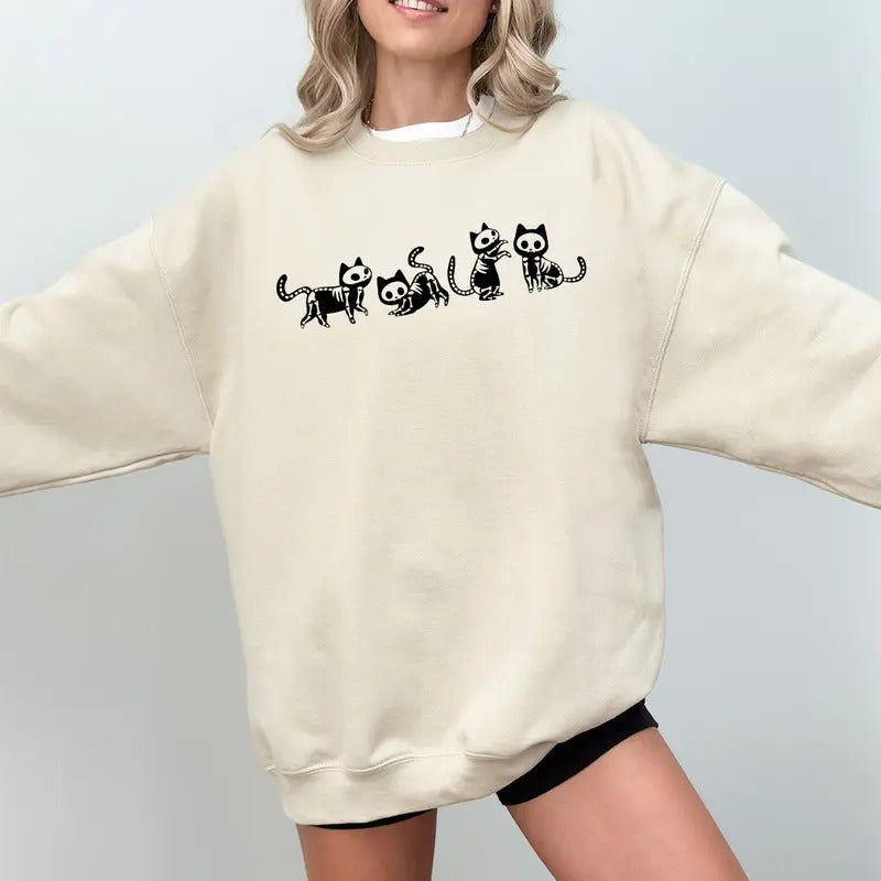 Black Cat Halloween Sweatshirt, Black Cat Skeleton Shirt, Halloween Ghost Cat Sweater, Halloween Cat Tee Shirt, Gift For Halloween