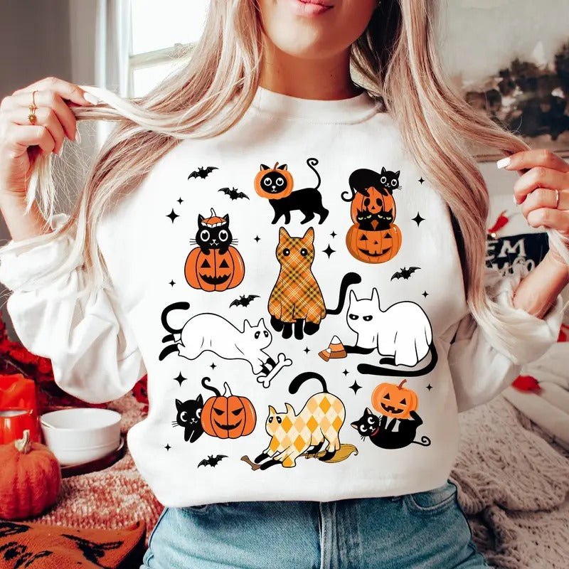 Black Cat Halloween Sweatshirt, Ghost Cat Halloween T-Shirt, Fall Pumpkin Sweater, Spooky Season Shirt, Cute Cat...
