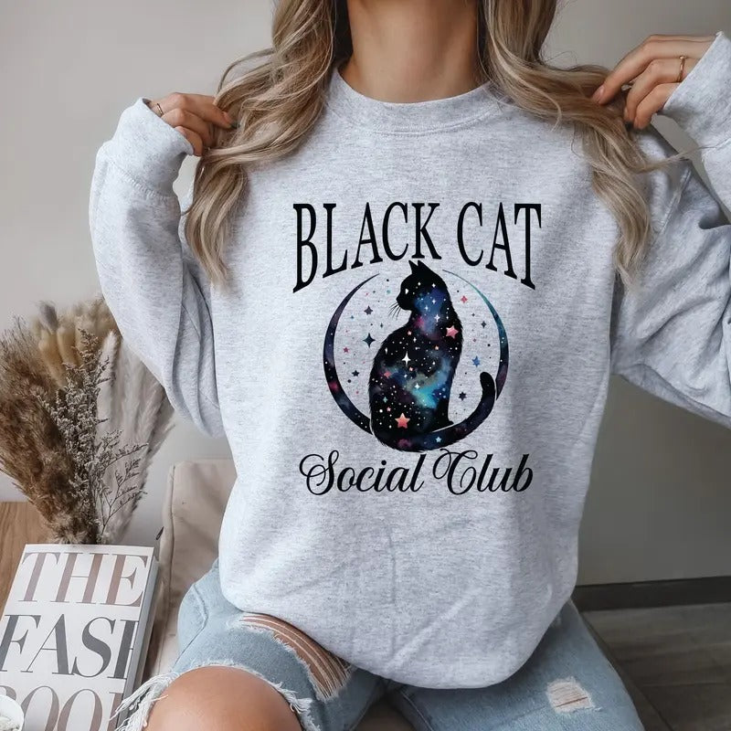 Black Cat Social Club Halloween Crewneck Sweatshirt T-Shirts, Hoodie | DripVista.com