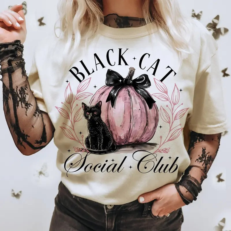 Black Cat Social Club Shirt, Ghost Cat Halloween Shirt, Retro Halloween Sweatshirt Png, Gothic Black Cat Shirt, Coquette Pink Pumpkin Halloween Shirt, Halloween Black Cat Shirt, Cat Lover Shirt
