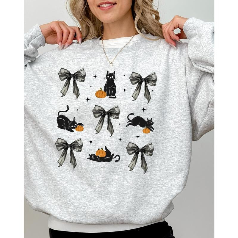 Black Cat, Coquette Ribbons and Bows, Halloween, Cute, Girly, Autumn, Fall Sweatshirt T-Shirts, Hoodie | DripVista.com