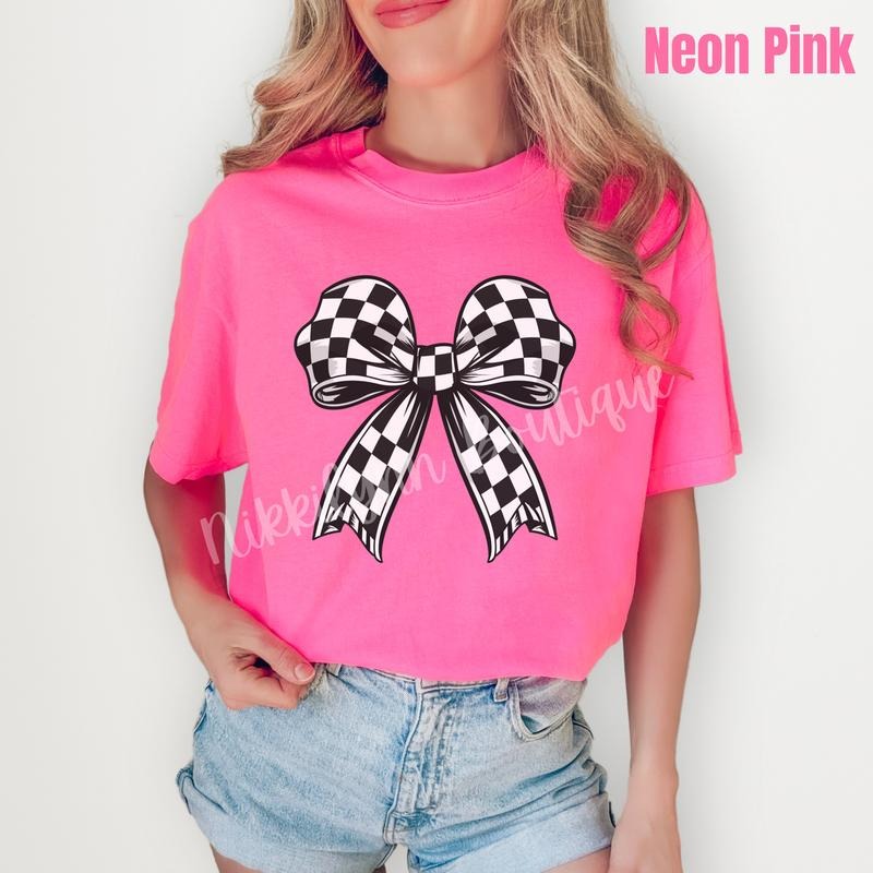 Black Checkered Bow Comfort Colors T-Shirt 'NLB' Hoodie, Sweatshirt | DripVista.com