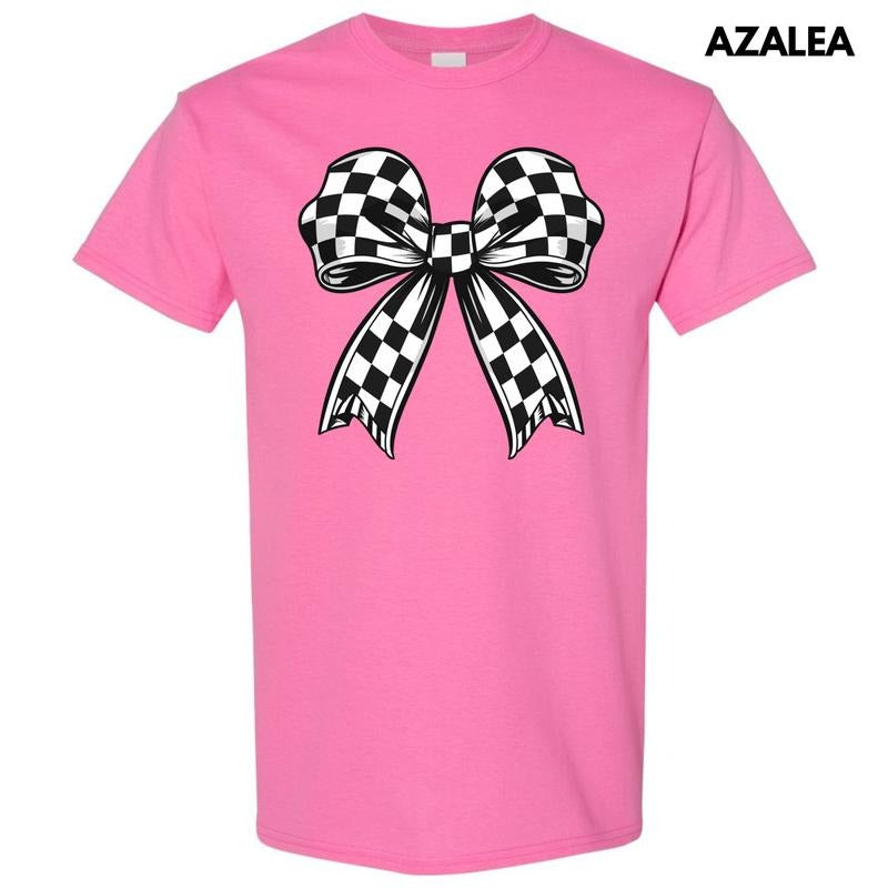 Black Checkered Bow Gildan Short Sleeve T-Shirt 'NLB' Hoodie, Sweatshirt | DripVista.com