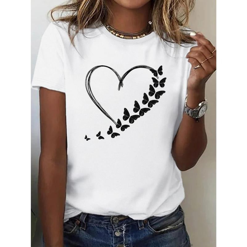 Black Cotton Women'WB shield T-Shirt | Loose Fit Round Neck Short Sleeve with Heart & Butterfly Graphic Print