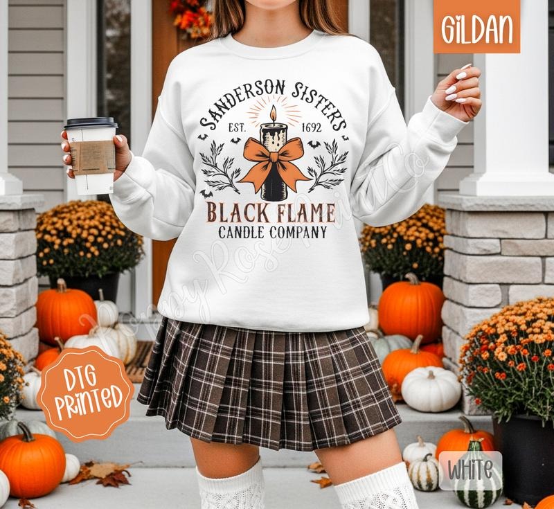 Black Flame Candle Sweatshirt, Trendy Women's Halloween Crewneck