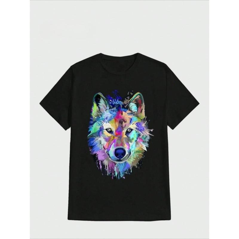 Black Forest Decor Wolf Splash Art Animal Face Casual Digital Print  Pure Heavy Cotton T Shirt Made in USA