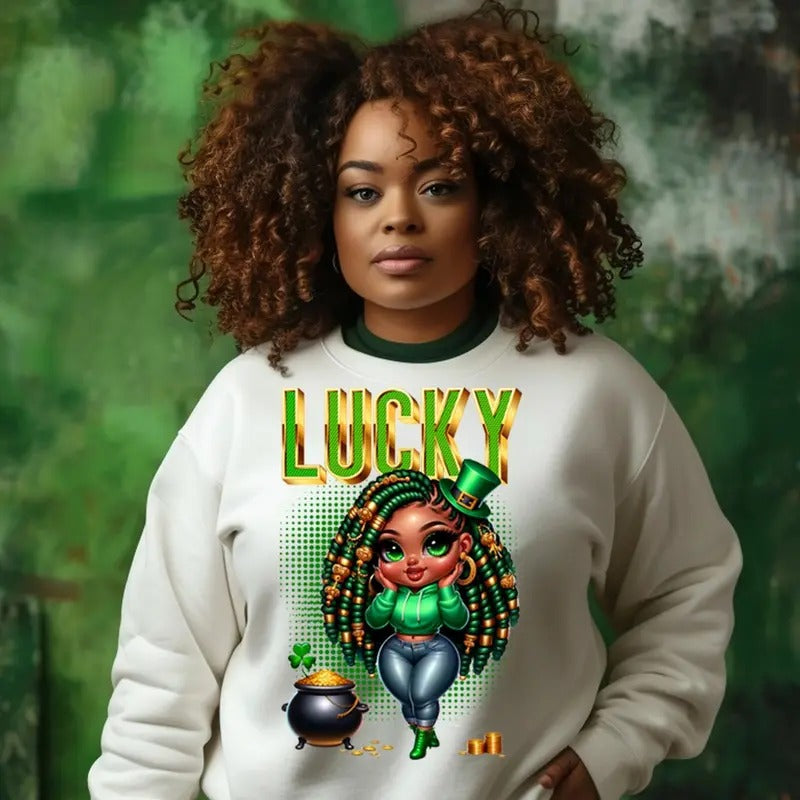 Black Girl Chibi Lucky Charm Sweater, Lucky Black Woman St. Patrick’s Day Locs Shirt, Black Girl Magic Tee