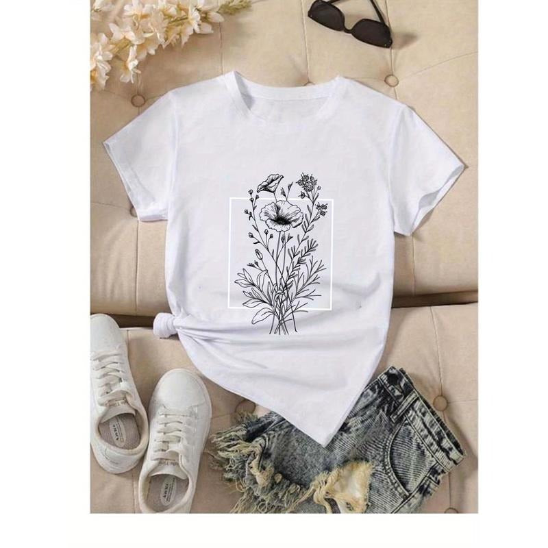 Black Gunpla brand White Floral Illustration Women'WB shield Casual Loose Round Neck Short Sleeved T-Shirt, Summer...