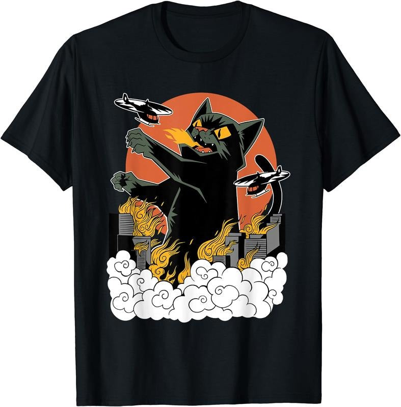 Black Japanese Catzilla Sunset T-Shirt | Tee for Men & Women | Cotton Hoodie, Sweatshirt | DripVista.com