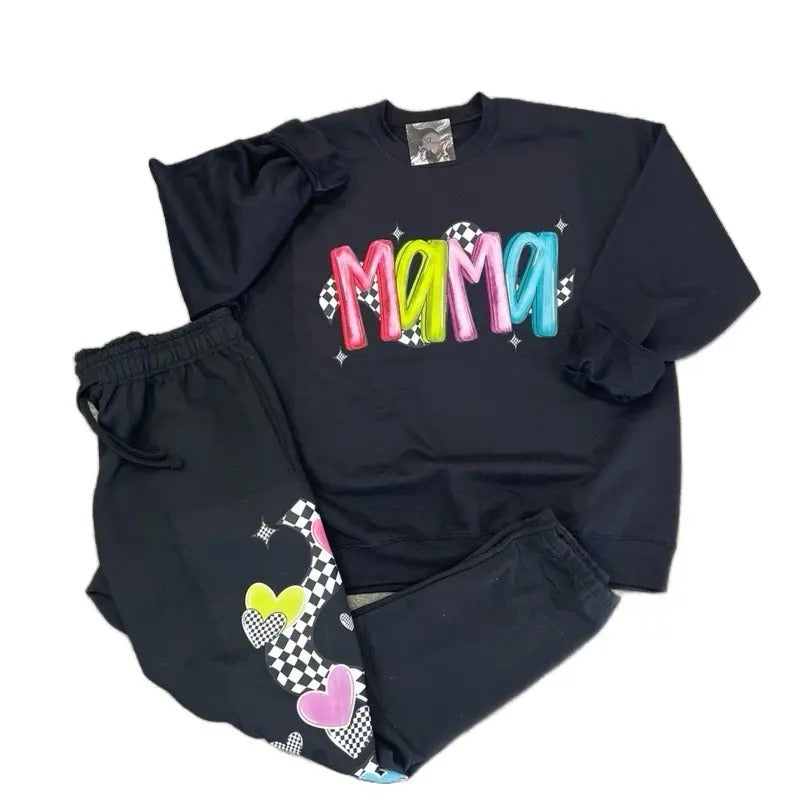 Black Neon and Checkered Mama Sweater & Jogger Pants Sold Separately - Plus Size Options for Women's Clothing -...