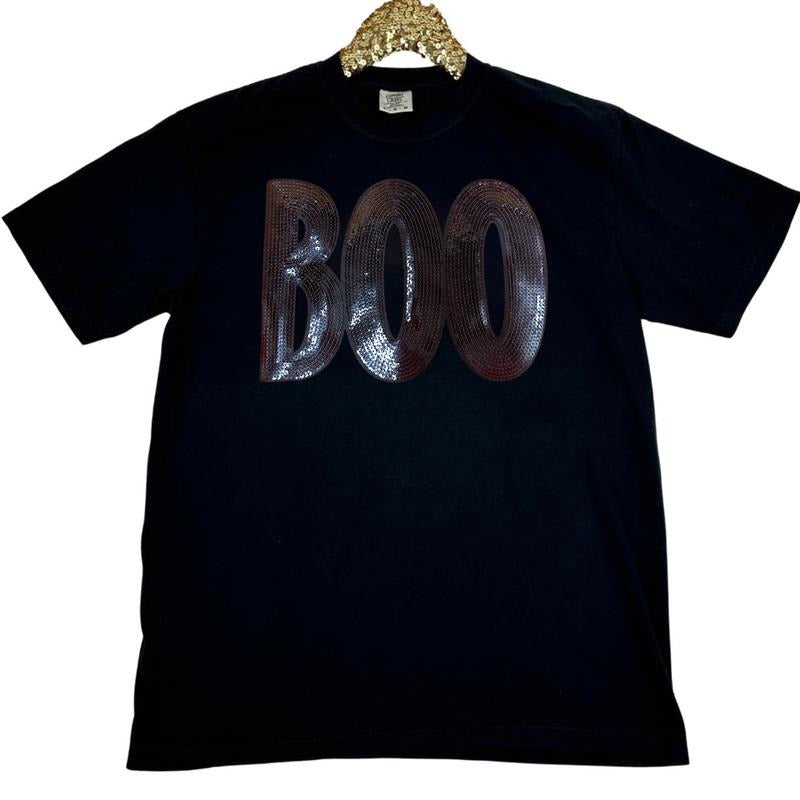 Black Sequin Boo Patch Comfort Colors T-Shirt