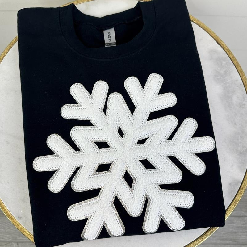 Black Snowflake Sequin Patch Gildan Sweatshirt T-Shirts, Hoodie | DripVista.com
