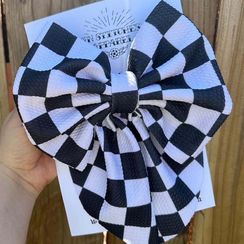 Black and White Racer Checkered Giant Coquette Sailor Bow With Clip