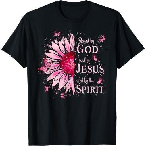 Blessed By God - Loved By Jesus Pink Sunflower T-Shirt Made in USA