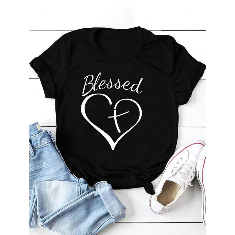 Blessed Heart & Cross Print T-shirt, Crew Neck Short Sleeve T-shirt For Valentine'WB shield Day Gifts, Women'WB shield...