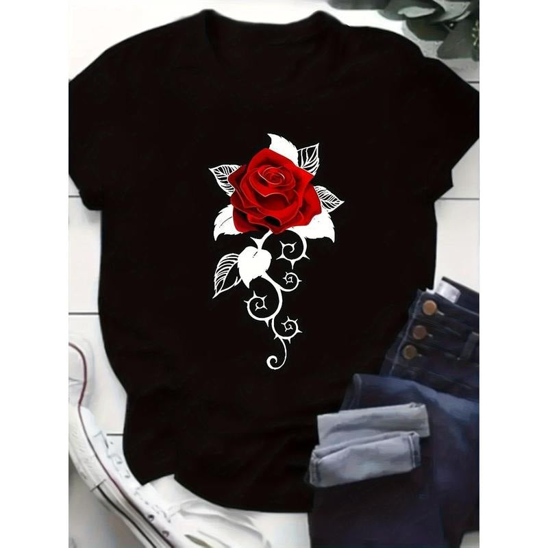 Blooming Rose Pattern Printed Women'WB shield T-shirt - Summer Women'WB shield Casual Fashion Sports Fitness Comfortable...