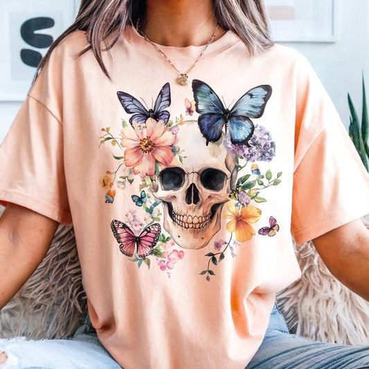 Blue Butterfly Floral Skull Graphic Tee Watercolor Skeleton Flower Rocker Tshirt Womens Casual Butterfly Top