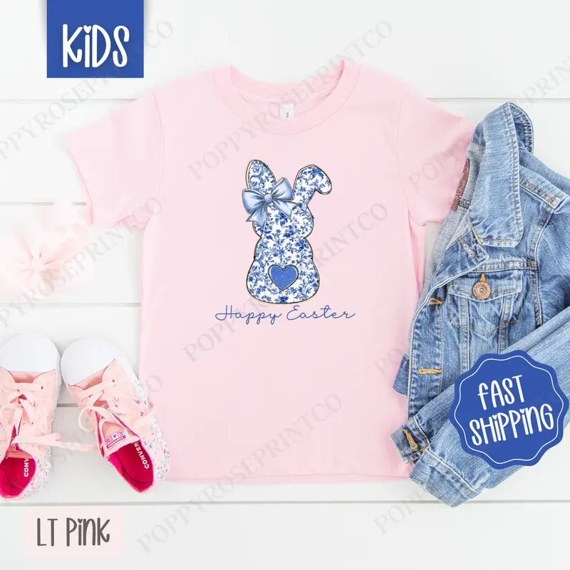 Blue Chinoiserie Bunny Kids Shirt - Easter Children's Tshirt - Cute Youth Tee Gildan Hoodie, Sweatshirt | DripVista.com