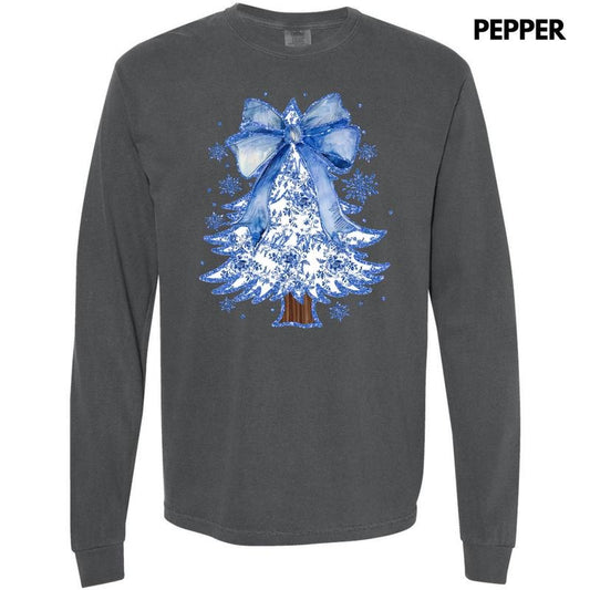 Blue Chinoiserie Christmas Tree Long Sleeve Comfort Colors T-Shirt 'NLB'